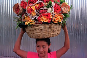 In bloom ... a woman carries a basket of flowers for sale in San Salvador, the capital of El Salvador.