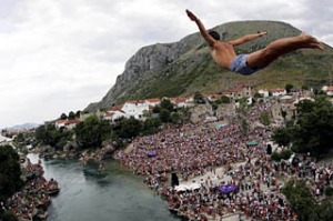 Beauty spots ... the bridge diving competition off the Stari Most in Mostar.