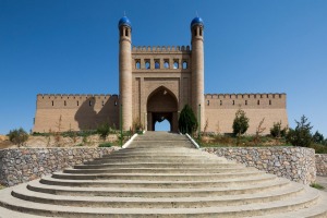 Modern reconstruction of gate of citadel of Mugh Tappa, Istaravshan, Tajikistan.