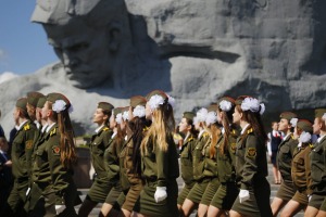 Belarusian cadets march past Brest Fortress monument during a Victory Day rally marking 71 years after the victory in ...