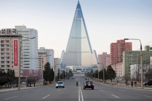 The city centre of Pyongyang with the giant Ryugyong hotel.