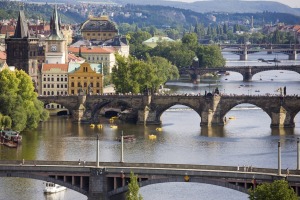 Charles Bridge on Vltava River in Prague.
