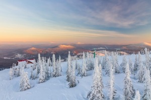 A winter sunset from the mountain top in Sheregesh, Siberia.