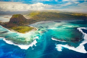 The amazing "underwater waterfall" effect can be seen from the air looking back towards Le Morne.