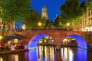 Night Dom Tower and bridge, Utrecht, Netherlands.