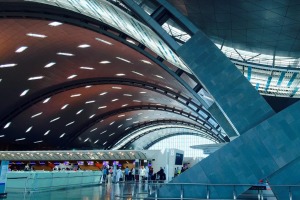 The striking, curving architecture of Hamad International Airport, in Qatar, is designed to represent ocean waves and ...