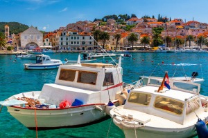 Boats docked in the old Adriatic island town of Hvar, Croatia.