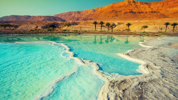 The salty shore of the Dead Sea.
