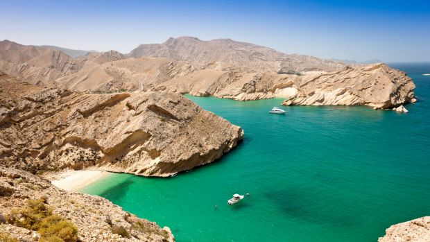 A beautiful lagoon on the rocky coast of Oman.