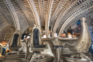 Interior of HR Giger cafe in Gruyeres, themed along the lines of his biomechanical style as shown in the Alien films.