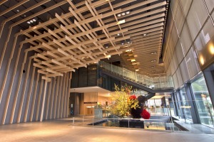 The design of the lattice-like, timber-clad lobby was intended to create a calm, elegant and distinctively Japanese ...