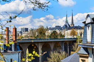 Picturesque Luxembourg city. Passerelle Bridge and steeples of Notre Dame Cathedral. Luxembourg, Western Europe