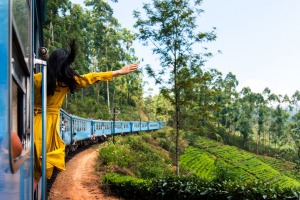 A woman enjoys the train ride through Sri Lanka tea plantations.