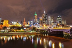 MELBOURNE, AUSTRALIA - SEPTEMBER 14:  The city skyline is lit up with dancing lasers as part a light show by acclaimed ...