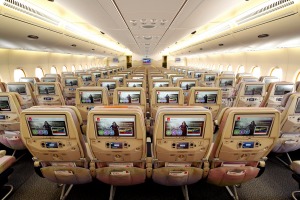 Emirates economy class on an Airbus A380 superjumbo.