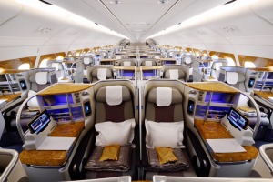 Emirates business class on board an Airbus A380.