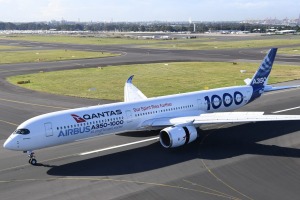 SYDNEY, AUSTRALIA - MAY 02: An Airbus A350-1000 flight test aircraft lands at Sydney airport to mark a major fleet ...