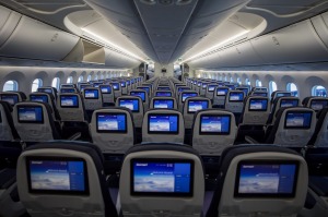 Economy class on board an EgyptAir Boeing 787 Dreamliner.