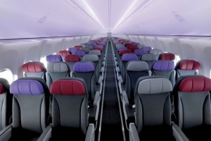 The main cabin on board a Virgin Australia 737.