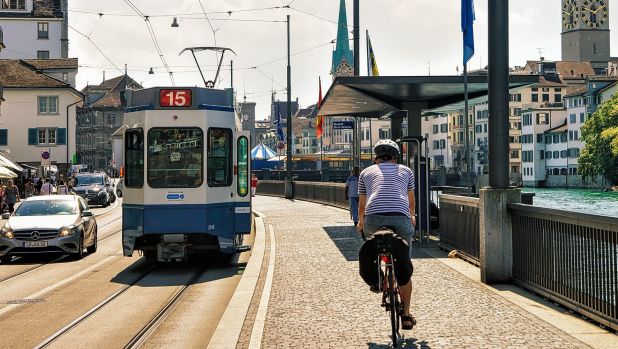 Zurich, Switzerland - September 2, 2016: Running Tram and man riding a bicycle at Limmatquai. Saint Peter Church and Fraumunster Church in the city center of Zurich, in Switzerland.
satjun25cover
iStock
TRAVELLER
reuse permitted for print and online
