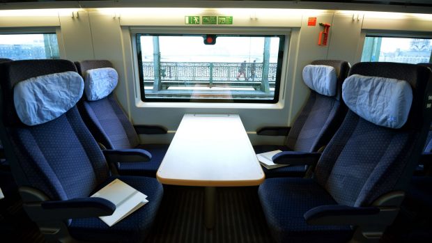 FRANKFURT AM MAIN, GERMANY - FEBRUARY 18:  The second class compartment of the last generation of the ICE 3 Deutsche Bahn high-speed train, version 407, pictured during a media ride from Frankfurt to Cologne on February 18, 2014 at Cologne, Germany. The operation of version 407 was delayed by two years due to complications with certification. The train, built by Siemens, has a top speed of 320km per hour. (Photo by Thomas Lohnes/Getty Images) xxTrainCover All aboard the rail revolution - Europe by train ; text by Anthony Dennis
cr: Getty Images (editorial subscription, reuse permitted, noÃÂ syndication)ÃÂ 